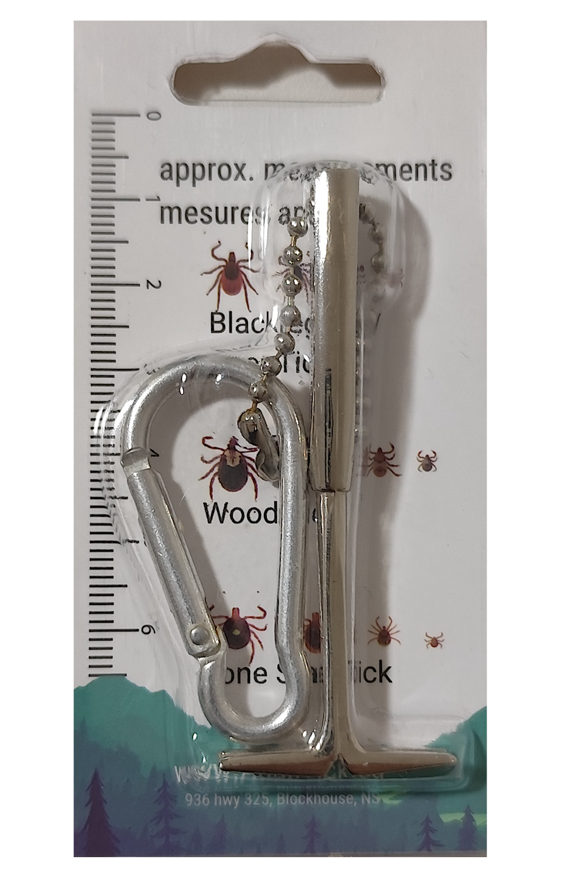 TickPick® stainless steel tick removal tool in its retail packaging, featuring a keychain clip and bead chain for easy attachment. The packaging includes a size comparison guide with images of black-legged and wood ticks, making it a convenient tool for hikers, pet owners, and outdoor enthusiasts.