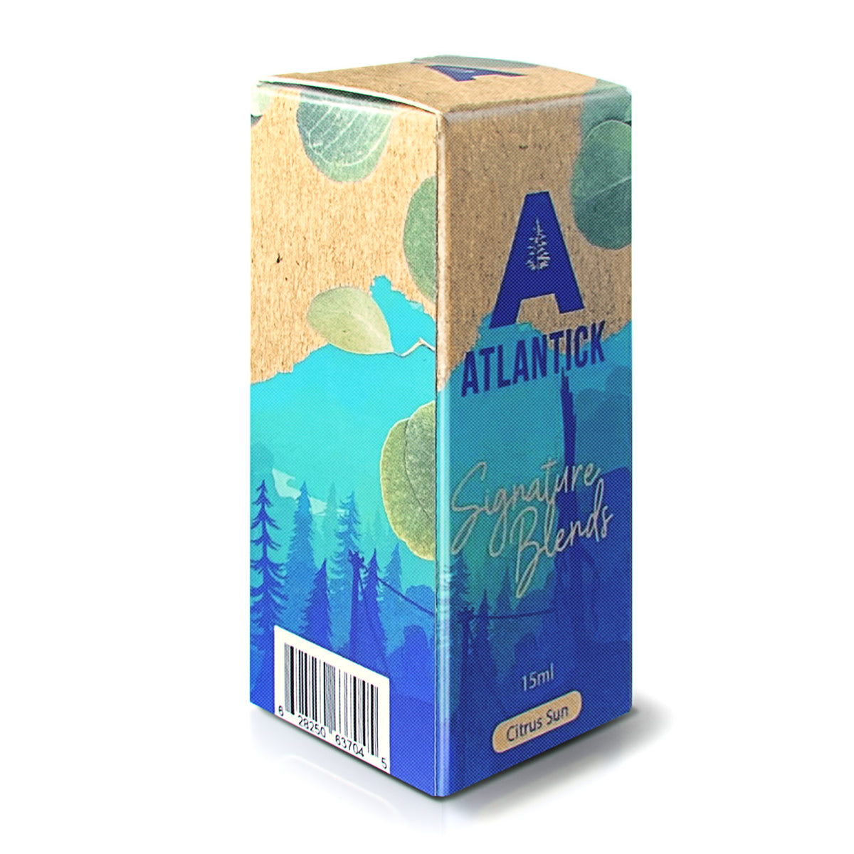 AtlanTick Citrus Sun Essential Oil Blend box featuring a nature-inspired design with eucalyptus leaves and a blue forest background. The packaging highlights this vibrant blend of Lemongrass, Lemon Eucalyptus, and Basil essential oils, perfect for diffusers, lava bead accessories, or wool dryer balls. Eco-friendly and uplifting.