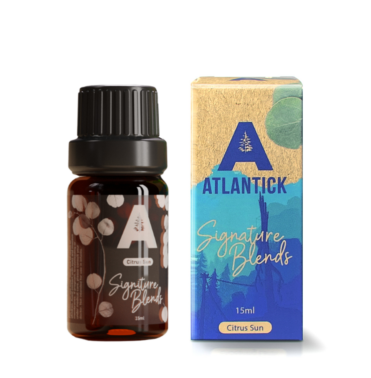 A 15ml bottle of AtlanTick Citrus Sun Essential Oil Blend alongside its eco-friendly packaging. The label features the AtlanTick logo with a nature-inspired design. This uplifting blend contains Lemongrass, Lemon Eucalyptus, and Basil essential oils, designed for use in diffusers, lava bead accessories, or wool dryer balls.