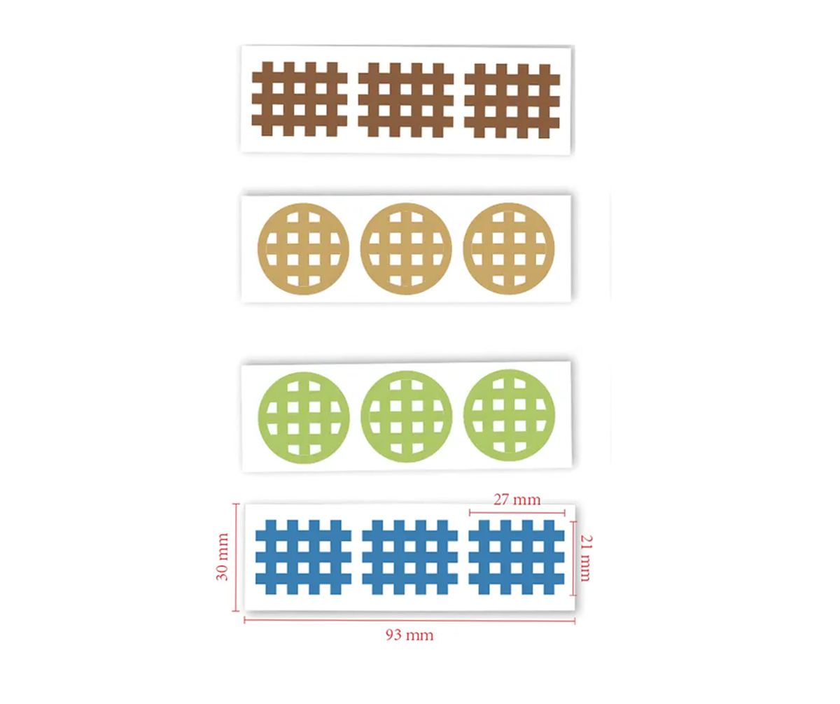 Four different styles of AtlanTick Comfort Patches displayed in strips, showcasing various shapes, colors, and grid patterns. A measurement guide at the bottom indicates the dimensions of the patches for accurate sizing.