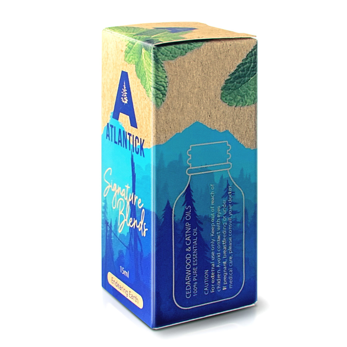 A beautifully designed AtlanTick Signature Blends essential oil box for Endearing Earth, featuring an earthy color palette with green mint leaves and a blue mountainous background. The box highlights Cedarwood & Catnip Oils as the main ingredients, making it a cat-friendly option for diffusing or personal use.