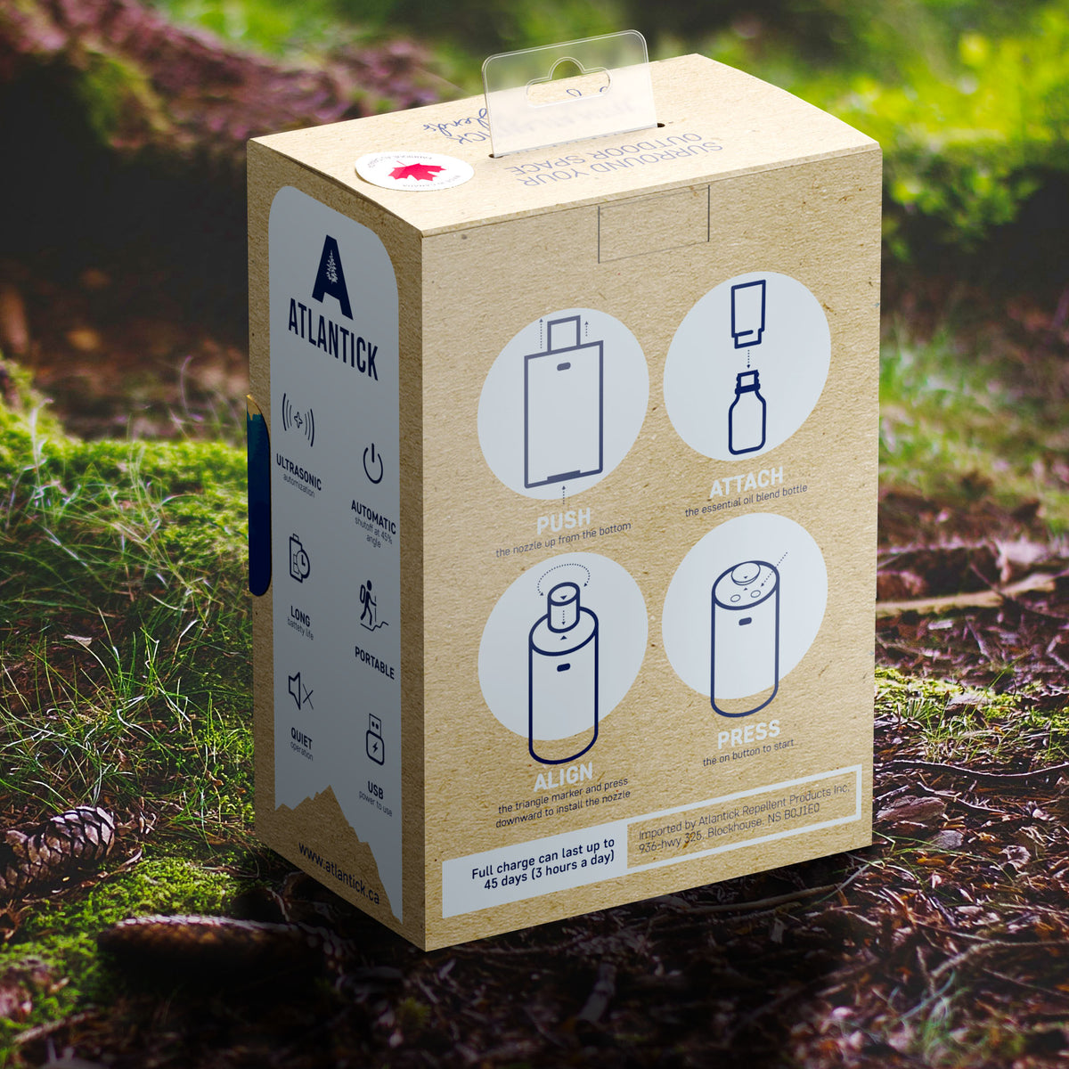 The back of the AtlanTick Portable Air Infuser packaging, featuring step-by-step instructions for use. The eco-friendly box displays simple icons for easy operation, including how to insert the essential oil bottle, align the device, and activate it. The packaging highlights the product’s long battery life, quiet operation, and portability, making it ideal for indoor and outdoor use.