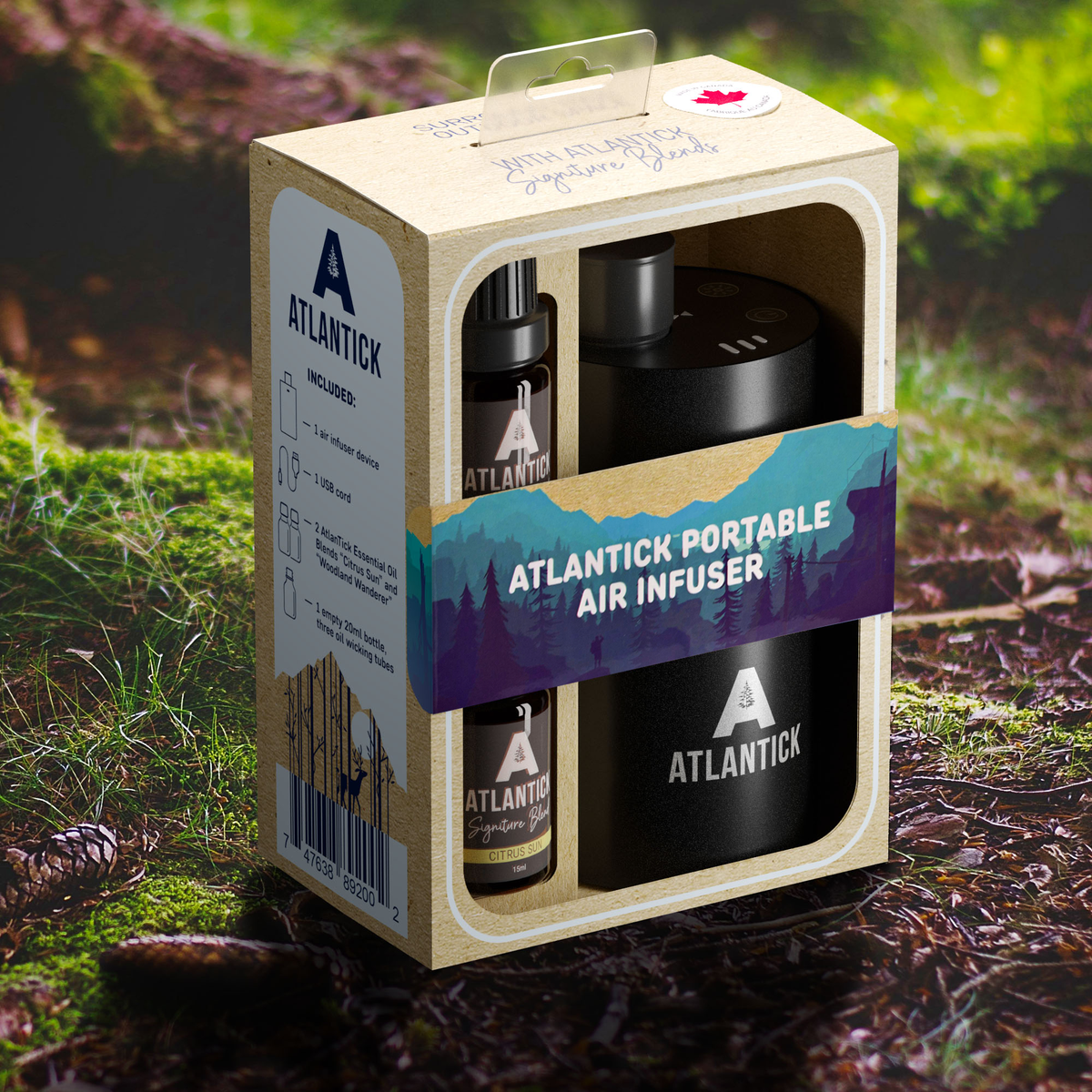 AtlanTick Portable Air Infuser in eco-friendly packaging, displayed in a natural outdoor setting. The set includes a sleek black waterless essential oil diffuser and AtlanTick Signature Blend essential oils, designed for long-lasting aromatic diffusion indoors or outdoors.