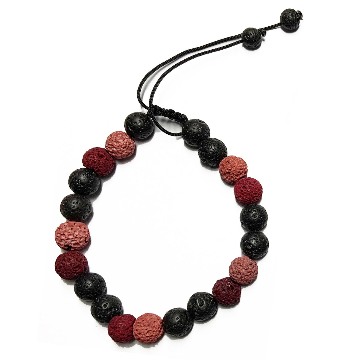 A stylish adjustable Ticklets bracelet made with black volcanic and red lava beads, designed to absorb Tick Attack™ Botanical Insect Repellent or AtlanTick Signature Blends for a long-lasting scent.