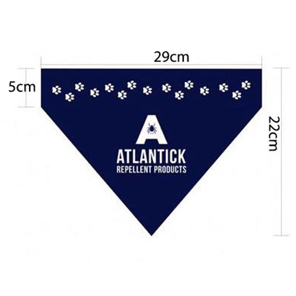 A navy blue AtlanTick® Slip-On Dog Bandana featuring white paw print accents and the AtlanTick logo. The image shows dimensions (29cm wide, 22cm tall), emphasizing its easy slip-on design that fits securely onto a pet’s collar.