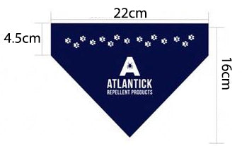 A navy blue AtlanTick® Slip-On Dog Bandana featuring white paw print accents and the AtlanTick logo. The image displays dimensions (22cm wide, 16cm tall), highlighting its secure slip-on design that fits easily onto a pet’s collar.