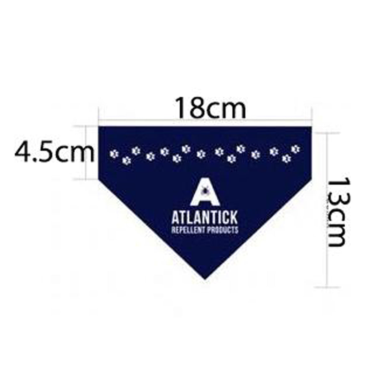A navy blue AtlanTick® Slip-On Dog Bandana with white paw print accents and the AtlanTick logo. The image includes dimensions (18cm wide, 13cm tall) and highlights the easy slip-on design that fits securely onto a pet's collar.