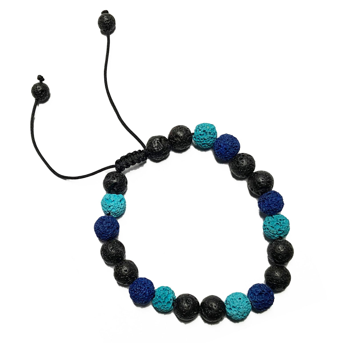 A stylish adjustable Ticklets bracelet made with black volcanic and blue lava beads, designed to absorb Tick Attack™ Botanical Insect Repellent or AtlanTick Signature Blends for a long-lasting scent.