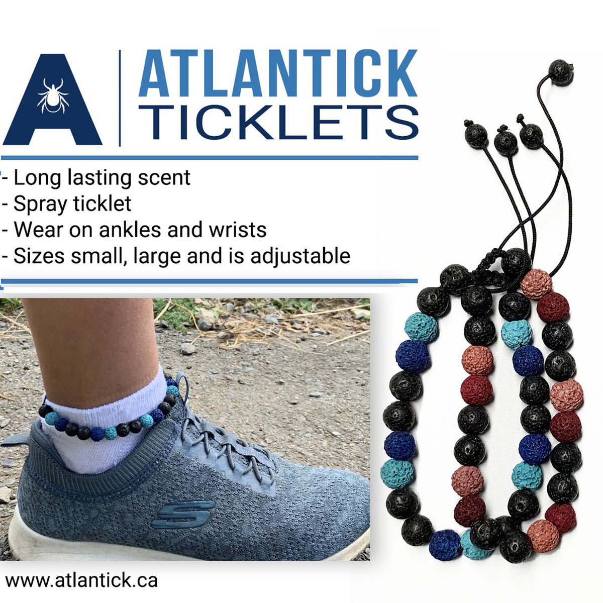 AtlanTick Ticklets bracelets in black volcanic, blue, and red lava beads. A person wearing a Ticklet on their ankle for outdoor adventures, designed to absorb Tick Attack™ Botanical Insect Repellent or AtlanTick Signature Blends for long-lasting scent.