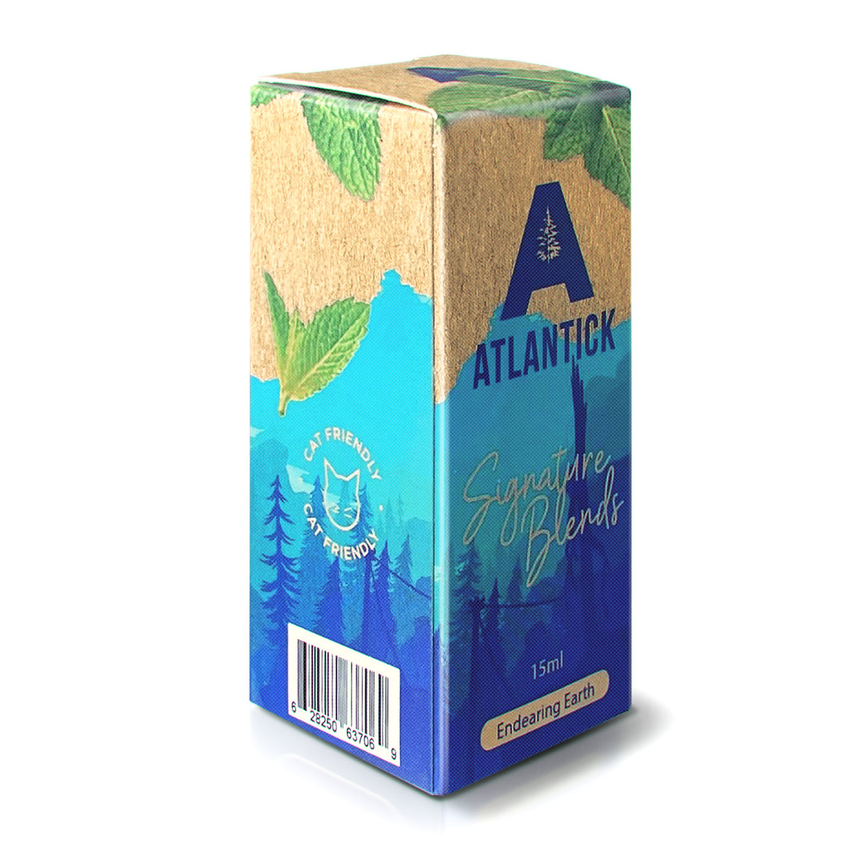 AtlanTick Endearing Earth essential oil box, featuring a nature-inspired design with mint leaves and a mountainous background. The packaging highlights that the blend is cat-friendly, formulated with Cedarwood & Catnip Oils, and part of the AtlanTick Signature Blends collection.