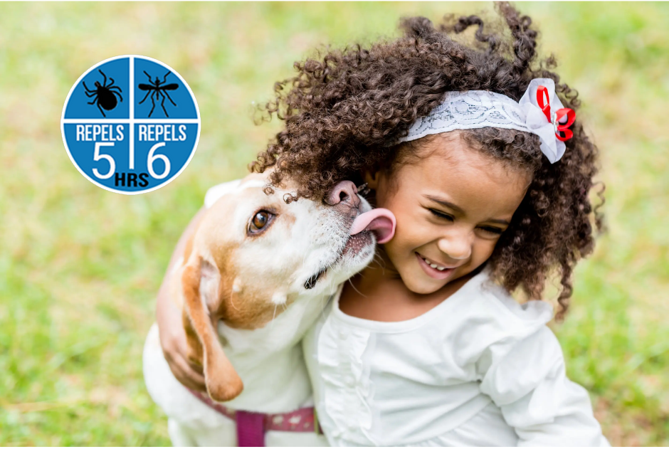 A smiling little girl with a dog playfully licking her face, with a "Repels 5 Hours/Ticks & 6 Hours/Mosquitoes" badge on the image. Showcases Tick Attack™ as a safe, DEET-free insect repellent for both children and pets, providing long-lasting protection for outdoor adventures.