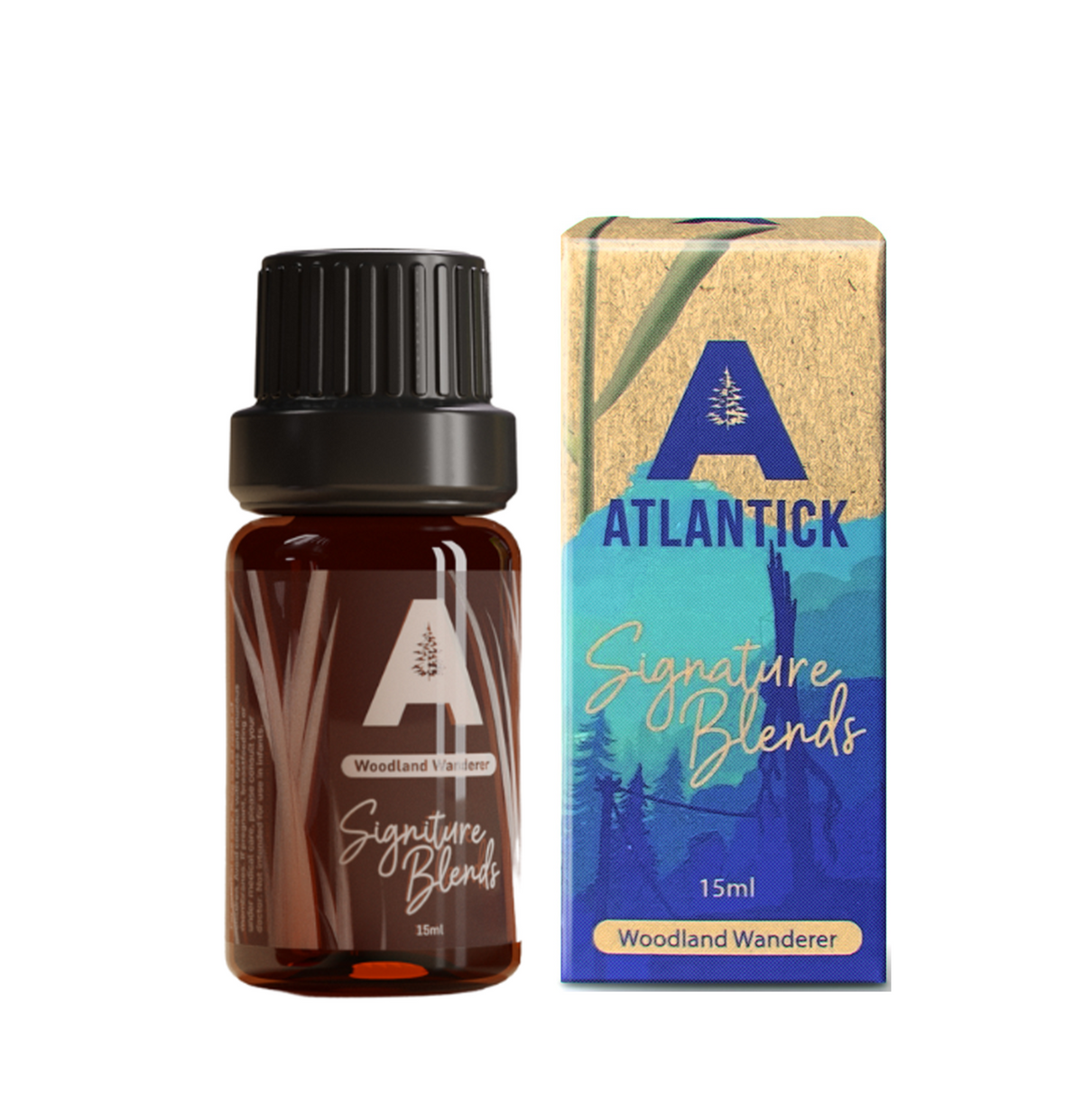A 15ml bottle of AtlanTick's Woodland Wanderer Signature Blend, featuring a calming and refreshing mix of Balsam Fir, Cedarwood, and Lavender essential oils. The bottle is displayed alongside its beautifully designed packaging, which reflects the essence of nature and adventure.