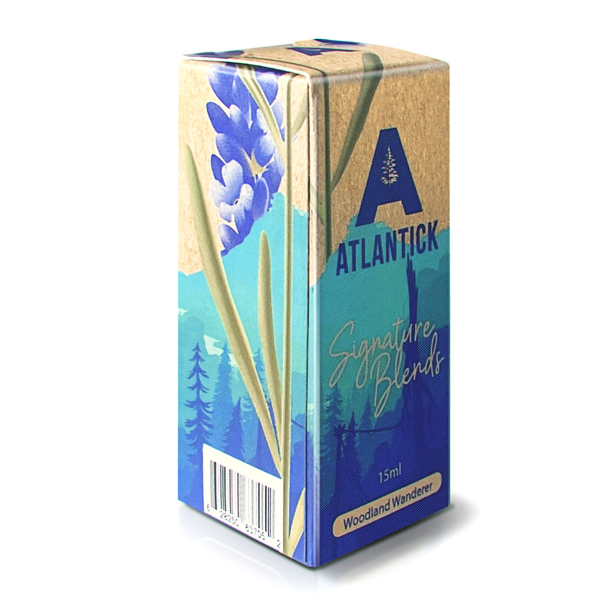 A beautifully designed AtlanTick Woodland Wanderer Signature Blend (15ml) box, featuring an earthy, nature-inspired aesthetic with illustrations of lavender and a forest backdrop. The packaging highlights the blend's natural ingredients, including Balsam Fir, Cedarwood, and Lavender essential oils.