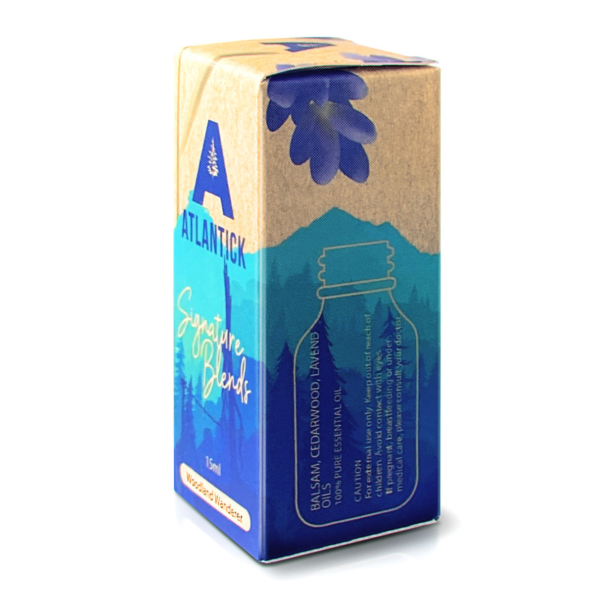 The AtlanTick Woodland Wanderer Signature Blend (15ml) box, featuring a nature-inspired design with a blue and earthy-toned forest aesthetic. The back of the packaging highlights the blend’s key ingredients—Balsam Fir, Cedarwood, and Lavender essential oils—along with usage cautions and benefits.