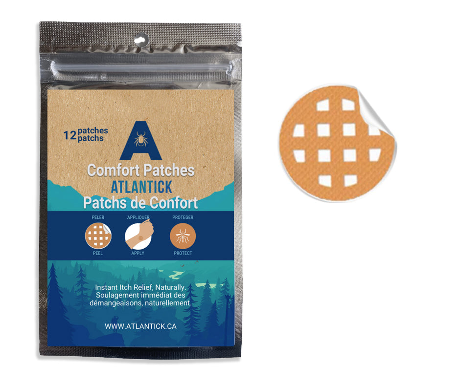 A resealable package of AtlanTick Comfort Patches (12-count) with a natural design, alongside a close-up of a round, grid-patterned patch with a peeled corner. These patches provide long-lasting, chemical-free itch relief by gently lifting the skin to reduce irritation from bug bites.