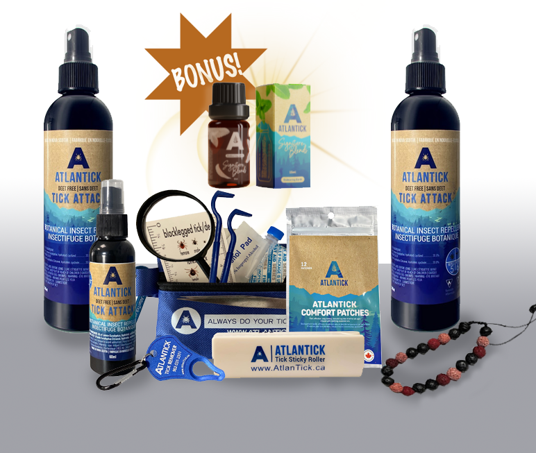 AtlanTick Ultimate Outdoor Protection Pack featuring Tick Attack and Outdoor Mist sprays, tick removal tools, an essential oil blend, and a beaded bracelet. Includes a special bonus gift. Designed for tick prevention and outdoor safety.