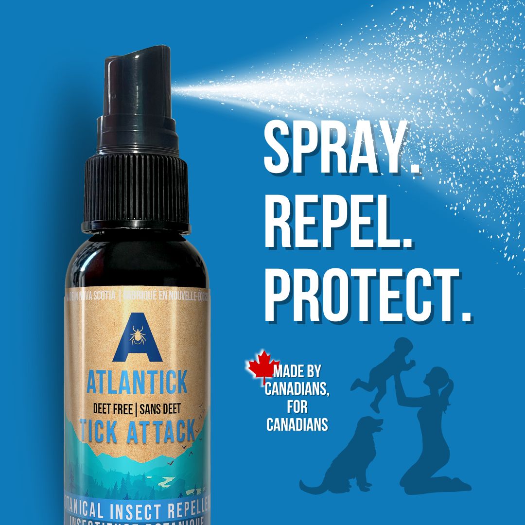 Close-up of a Tick Attack™ Botanical Insect Repellent bottle spraying a fine mist, with the words "Spray. Repel. Protect." in bold text. Showcases the effectiveness of the DEET-free formula for repelling ticks.