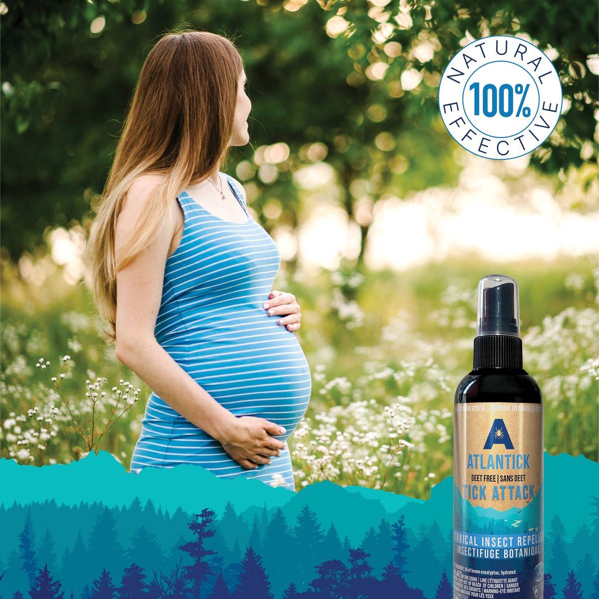 Pregnant woman in a blue striped dress standing in a lush green field, holding her belly, with a Tick Attack™ bottle in the foreground. Highlights the natural, DEET-free formula that is safe for families, including expecting mothers.