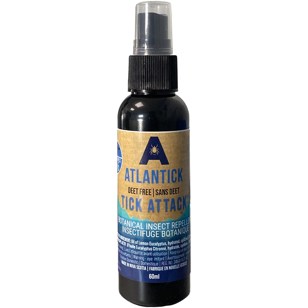 A 60ml bottle of Tick Attack™ Botanical Insect Repellent, a natural, DEET-free tick repellent made from refined lemon eucalyptus extract with high PMD concentration. Designed for hikers, campers, and outdoor enthusiasts seeking safe, effective tick protection.