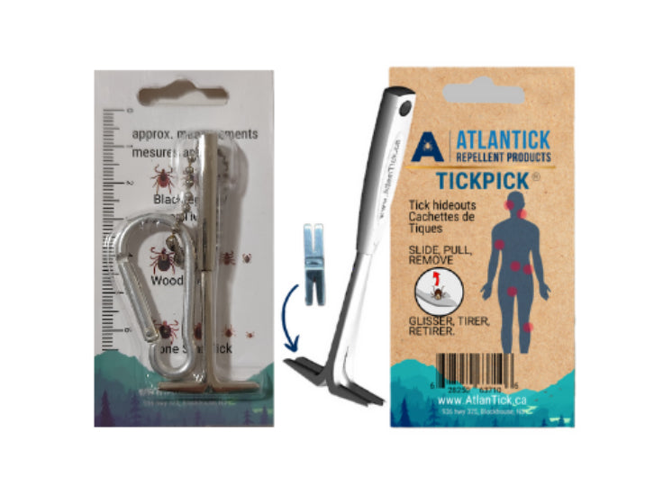 Product packaging for AtlanTick TickPick, featuring a tick removal tool with ergonomic design and additional smaller tool, highlighting its use for safely removing ticks. Includes instructions and product branding with a focus on tick prevention and safety.